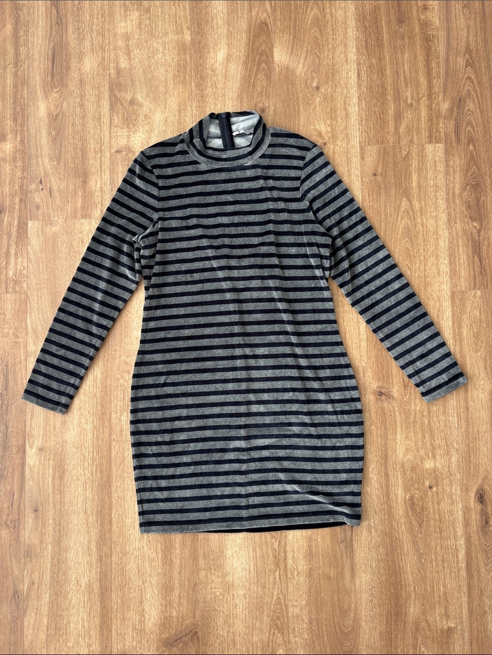 T Alexander Wang Striped Velour Mock Neck Long Sleeve Dress with peekaboo back.